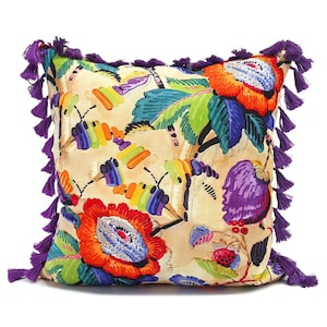 Floral Pillow Cover with Tassels: Bohemian Watercolor Cushion