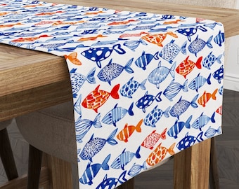 Blue Fish Table Runner: Watercolor Nautical Coastal Decor