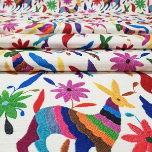 Mexican Otomi Print Upholstery Fabric by the Yard | Mexican Folk Art Otomi Flowers, Deer and Rabbit Fabric for Home Decor, Chair Furnishing