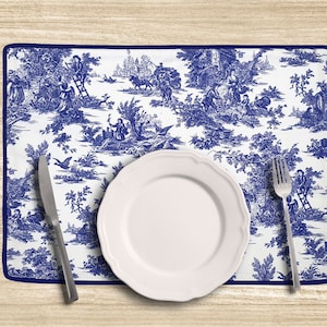 Toile de Jouy Placemats: Double Layer Navy Piped Edge, Polyester Set