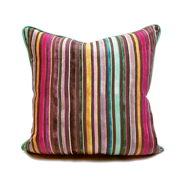 Vintage Striped Pillow Covers | Rainbow Color Cushion, Pink, Fuchsia, Yellow, Brown, Turquoise Stripes Piped Throw Pillow - Various Sizes