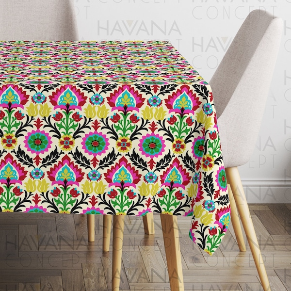 Santa Maria Desert Flower Tablecloth - Fuchsia Green Floral Ethnic Table Linens, Rainbow Floral Dining Room Table Cloth, Wedding Table Decor