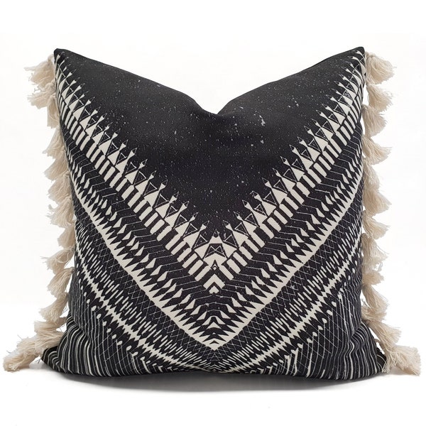 Black Ivory Tassel Aztec Navajo Pillow Case | One Size - Bohemian Southwestern Tribal Square Pillow Cover - Geometric Designer Cushion Cover