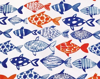 Watercolor Fish Fabric: Marine Blue & Orange Print, Upholstery Fabric
