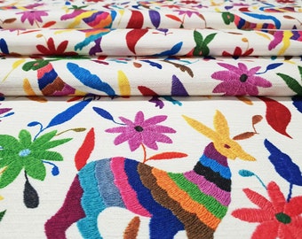 Mexican Otomi Print Upholstery Fabric by the Yard | Mexican Folk Art Otomi Flowers, Deer and Rabbit Fabric for Home Decor, Chair Furnishing