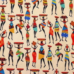 African Women Print Fabric - African Ladies in Ethnic Dress Fabric, African Art Fabric for Home Decor, Chair Upholstery Fabric by the Yard