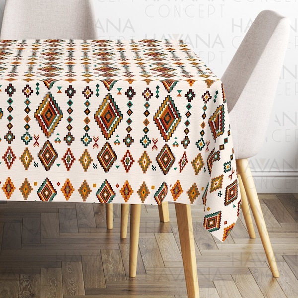 Southwestern Aztec Navajo Tablecloth, Boho Mexican Navajo Kilim Rug Print Table Linen, Bohemian Home Decor, Square, Rectangular Table Linens