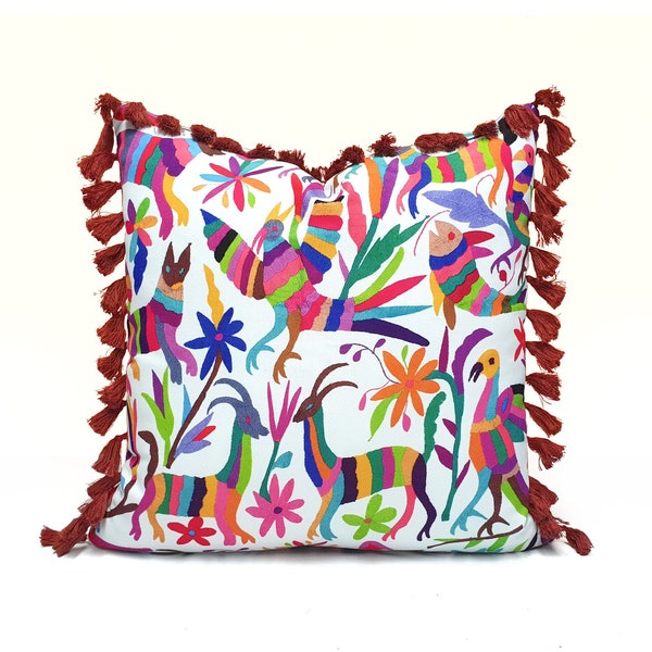 Mexican Otomi Pillow Cover - Mexican Art Print Pillow, Tassel Pillow Cover, Otomi Throw Pillow Cover, Home Decor Pillow, Floral Pillow Cover