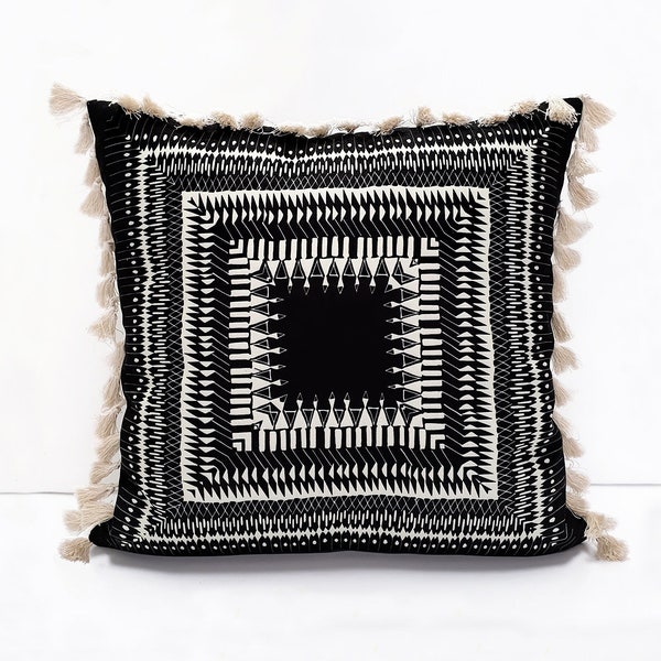 Black Bohemian Pillow Cover - Native Aztec Throw Pillow with Ivory Tassel Borders, Boho Aztec Pillow Case, Southwestern Home Decor Cushion