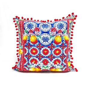 Sicilian Lemon Pillow Cover: Majolica Tile Print, Mediterranean Decor