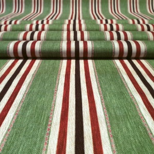 Vintage Striped Fabric - Thin Maroon Ivory Stripes on Green Fabric for Home Decor, Chair Upholstery Fabric by the Yard, Vintage Home Fabrics