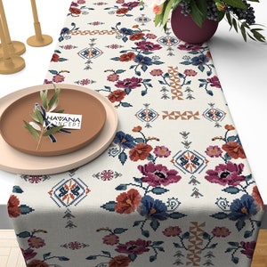 Floral Table Runner: Vintage Cross Stitch Look, Bohemian Table Decor
