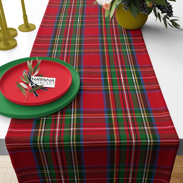 Red Green Plaid Table Runner - Royal Stewart Tartan Tabletop, Red Christmas Tartan Plaid, Stain Resistant Home and Bistro Decor Table Linens
