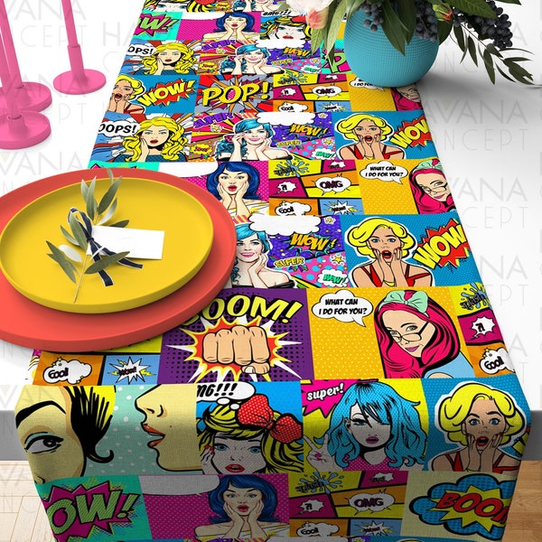 Pop Art Comic Book Table Runner - Pop Art Woman and Action Word Speech Bubbles Print Dining Table Runner, Table Decor, Table Centerpiece