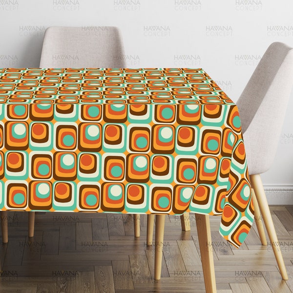 Retro Vintage Tablecloth - 60s 70s Mid Century, Geometric Orange Table Decor, Orange Table Decor idea, Tablecloth for Restaurant, Hotel