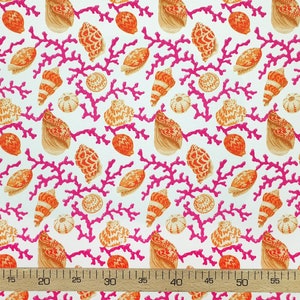 Fuchsia Orange Seashells and Corals Fabric - Coastal Ocean Sea Plants Fabric for Home Decor, Nautical Chair Upholstery Fabric by the Yard