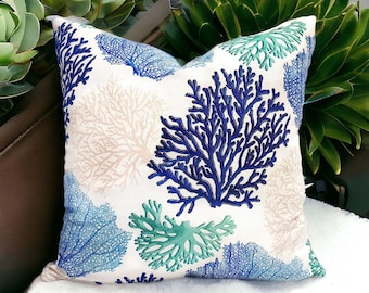 Blue Coral Reef Pillow Cover: Nautical Beach House Decor