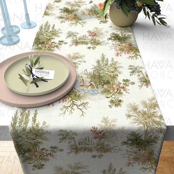 Olive Green Toile de Jouy Table Runner - French Vintage Country Style Table Centerpiece, French Cottage Decorative Dining Table Runner