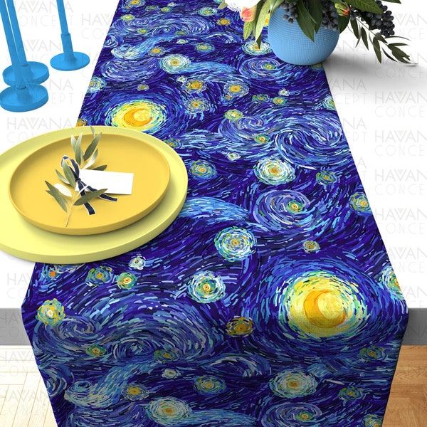 Van Gogh Starry Night Table Runner - Vincent Van Gogh Inspired Painting Art Print Dining Table Runner, Kitchen Table Runner, Wedding Decor
