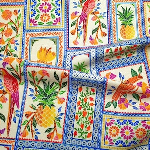 Tessuto stampato con piastrelle in ceramica persiana e uccelli - Pappagallo e tucano, fiori, ananas e alberi, tendaggi, tessuto per tappezzeria tagliato su misura