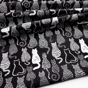 Pack of Cats Fabric - Black and White Kittens Animal Print Fabric for Kids Room Decor, Drapery, Sofa, Chair Upholstery Fabric by the Yard