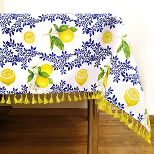 Lemon Print Tablecloth: Italian Majolica, Yellow Tassels