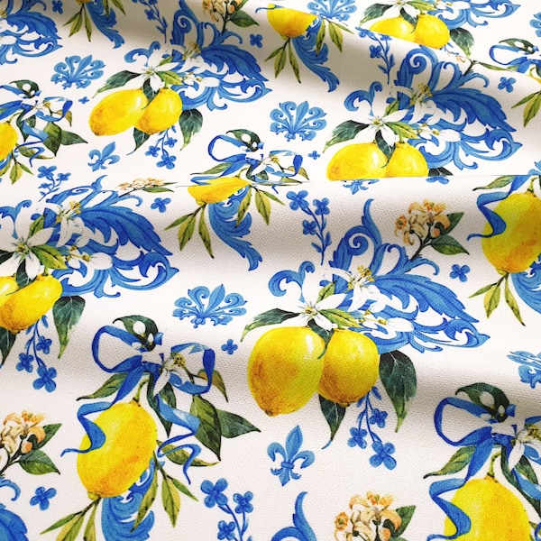 Damask Lemon Fabric - Baroque Lemon Flowers and Leaves Print Fabric for Home Decor, Citrus Lemon Fabric, Chair Upholstery Fabric by the Yard