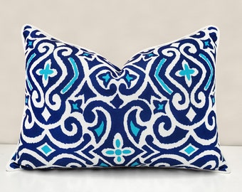 Damask Pillow Cover: Navy Turquoise Geometric Throw Pillow