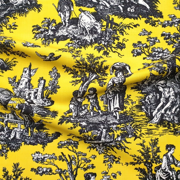 Yellow Toile de Jouy Fabric - French Vintage Toile Art Nouveau Fabric for Chair Upholstery, French Vintage Home Decor Fabric by the Yard