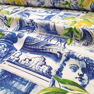 Sicilian Lemons Print Upholstery Fabric by the Yard - Baroque Fabric, Mediterranean Ceramic and Lemons Fabric, Italian Home Decor Fabric