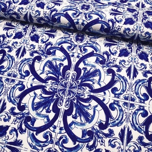 Italian Majolica Print Upholstery Fabric by the Yard, Blue White Swirl Fabric for Sofa, Kimono, Tablecloth, Curtain, Majolica Tiles Fabric