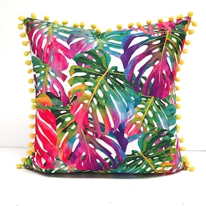 Rainbow Monstera Pom Pom Pillow Cover - Square Tropical Leaf Throw Pillow, Colorful Throw Pillow, Tropical Monstera Leaves Euro Sham