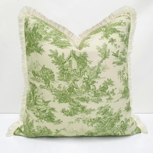 Funda de almohada Toile de Jouy, cojín Art Nouveau, funda de cojín de granja francesa retro verde y beige, funda de almohada de tiro Toile de Jouy