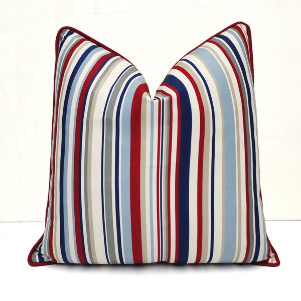 Vintage Piped Pillow - Barcode Stripes Pillow Cover, Maroon, Navy Blue, Beige Striped Throw Pillow, Vintage Art Deco, Multi Size