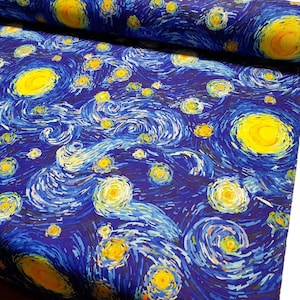 Van Gogh Starry Night Fabric | Painting Art Print Cushion Furniture Sofa Chair Upholstery Fabric by the Yard, Blue Yellow Home Decor Fabric