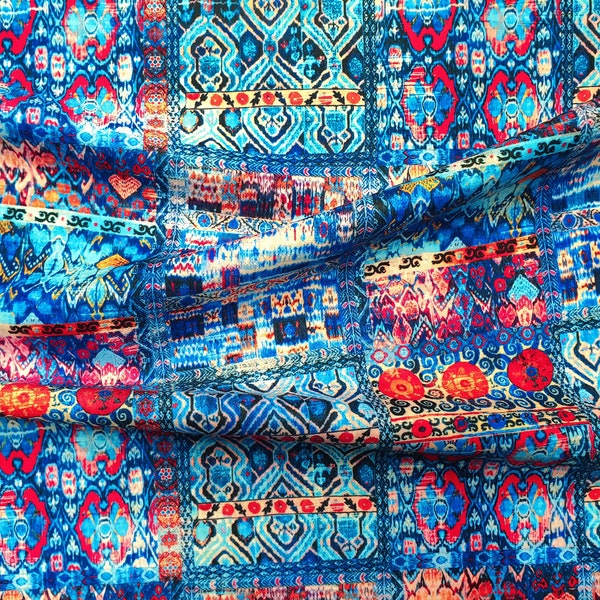 Kilim Fabric - Bohemian Kilim Upholstery Fabric by the Yard, Boho Blue Red Kilim Chair Upholstery Fabric, Patchwork Print Kilim Bench Fabric