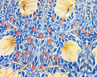 William Morris Pimpernel Fabric: Blue & Yellow Floral Art Nouveau Print