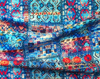 Boho Kilim Upholstery Fabric: Blue Red Patchwork Print 56" Wide, by the Yard