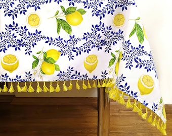 Lemon Print Tablecloth: Italian Majolica, Yellow Tassels