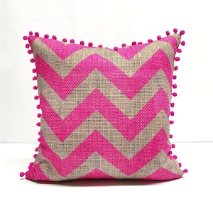 Fuchsia Chevron Pillow Cover: Burlap Print, Pom Trim