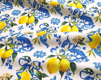 Damask Lemon Print Fabric: Baroque Floral Upholstery Fabric