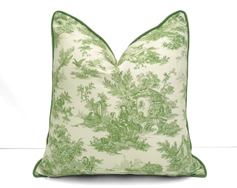 Toile de Jouy Pillow Cover - Retro French Art Nouveau Cushion, Green and Beige Farmhouse Cushion Cover, Toile de Jouy Print Throw Pillow