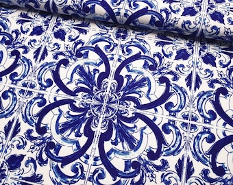 Italian Majolica Tile Print Fabric: Blue & White Upholstery - Mediterranean Style Swirl Azulejo, Home Furnishing