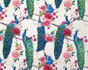 Floral Peacock Fabric - Floral Garden, Exotic Birds Fabric, Pink Flowers Print Fabric for Home Decor, Chair Upholstery Fabric by the Yard