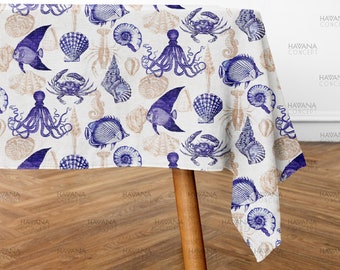 Nautical Tablecloth: Blue Ocean Creatures, Crab, Octopus, Shells
