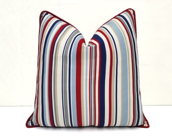 Vintage Striped Pillow Cover: Maroon, Navy, Beige Art Deco
