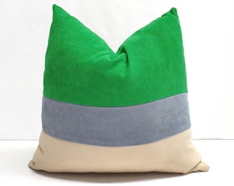 Color Block Pillow Cover: Green, Gray & Beige Microfiber