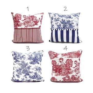 Blue & Burgundy Toile de Jouy Pillow Cover: French Country Decor