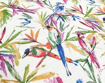 Birds of Paradise Fabric: Watercolor Bird & Leaves Print, Home Decor