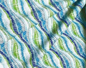 Green Blue Wavy Stripes Fabric - ikat Wavy Stripes Print Fabric for Home Decor, Sofa Upholstery, Chair Upholstery Fabric by the Yard